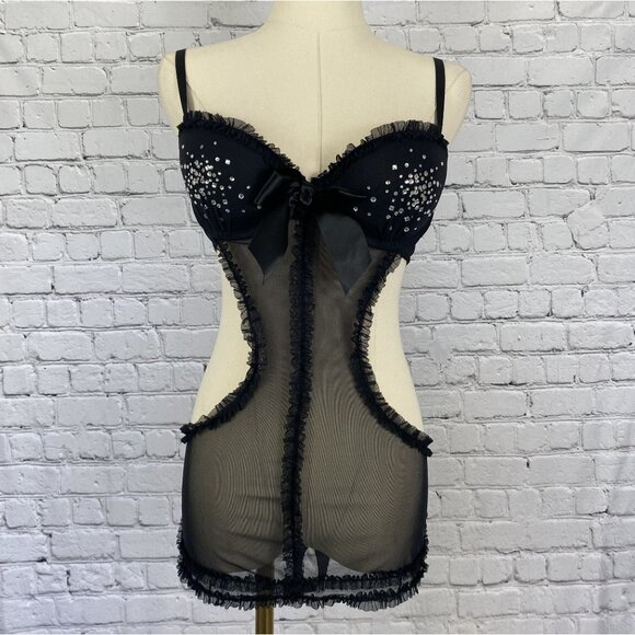 Victoria's Secret Other - Victoria's Secret Sexy Little Things 36B Black Mesh Sheer Rhinestone Chemise